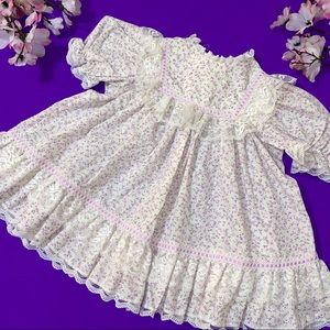 Vintage Bryan Baby Dress, Purple Floral Pattern, Lace, Puff Sleeves, Size 2T